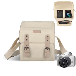 Compact Camera Bag Case Canvas Leather Trim Compatible for Nikon, Canon, Sony Mirrorless Camera and Lenses Waterproof, Camera Shoulder Messenger Bag Beige
